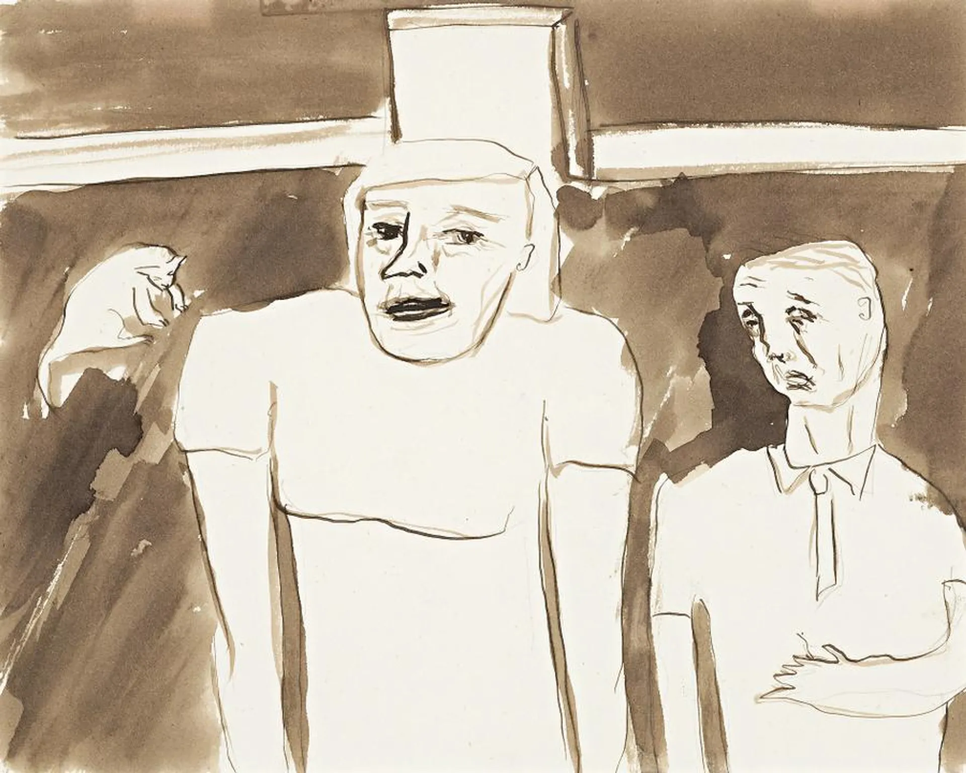 INTERIOR WITH TWO FIGURES AND A CAT