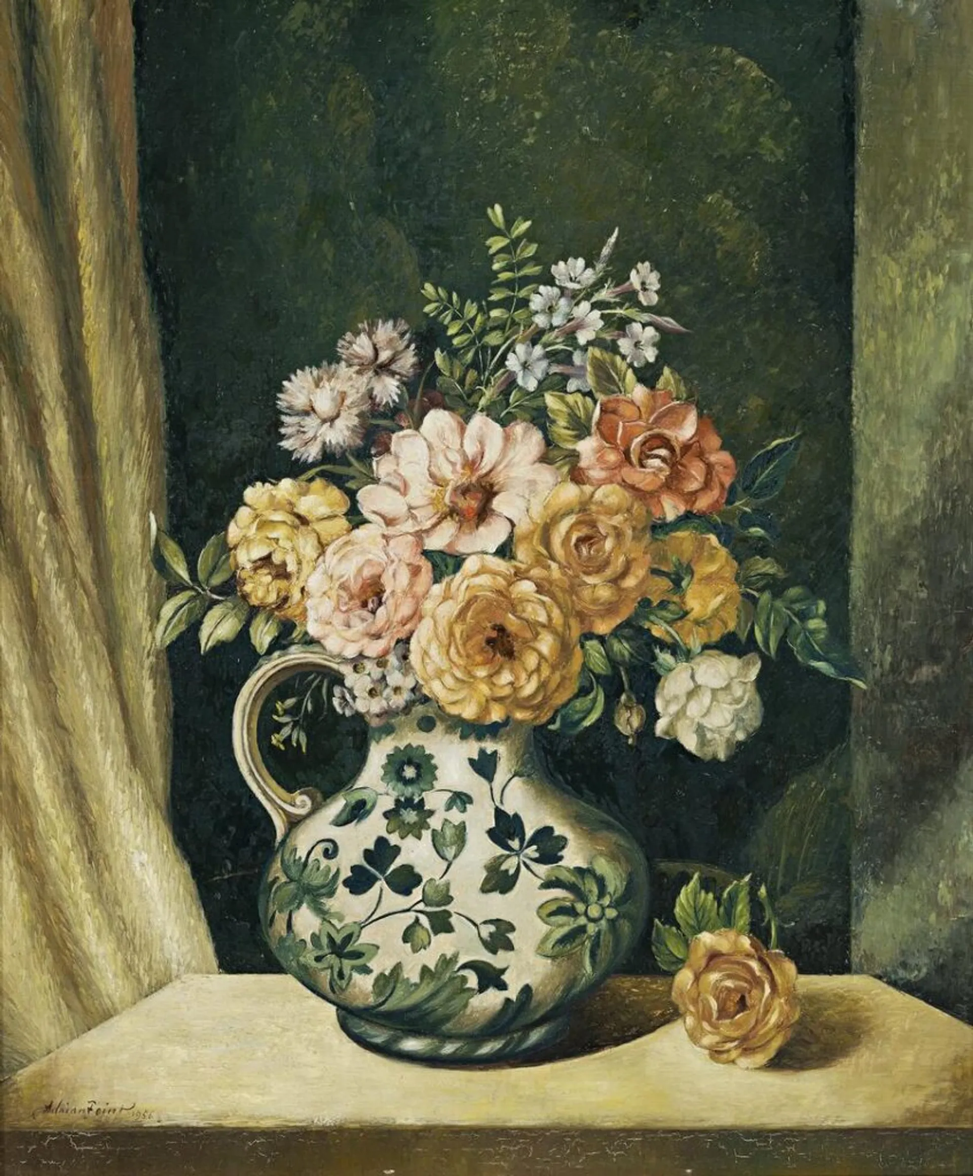 STILL LIFE OF MIXED BLOOMS IN PORCELAIN JUG