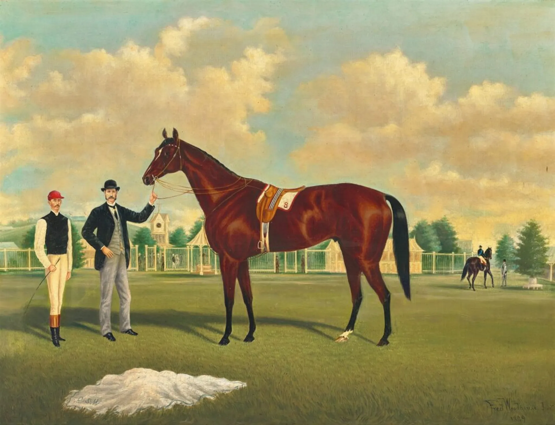 MENTOR, WINNER OF 1888 MELBOURNE CUP, WITH TRAINER WALTER S. HICKENBOTHAM AND JOCKEY MICK O’BRIEN, AT FLEMINGTON