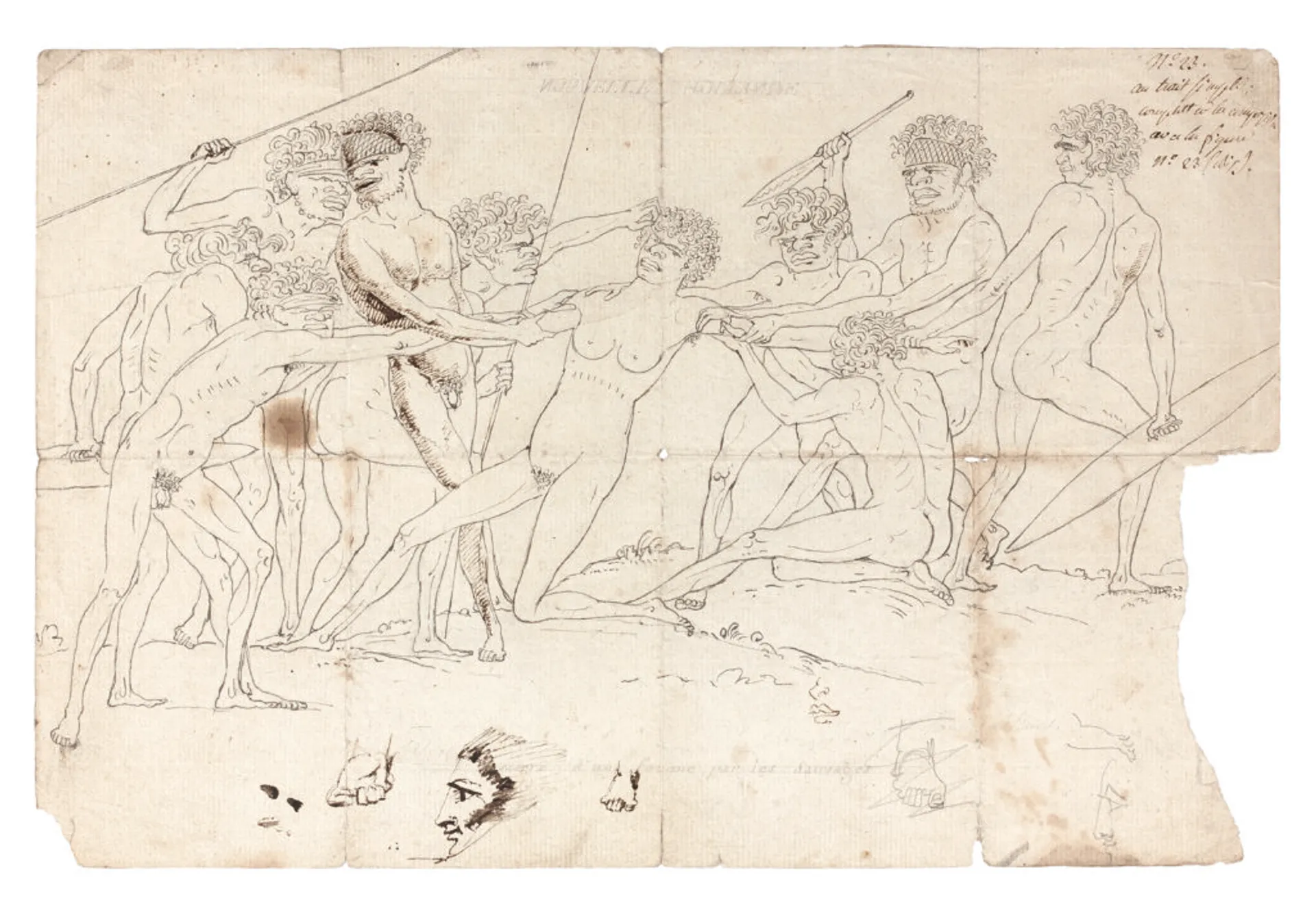 RECTO: NOUVELLE HOLLANDE … MASSACRE D’UNE FEMME PAR LES SAUVAGES (ABORIGINAL WOMAN BEING COMPETED FOR BY TWO RIVAL GROUPS OF ABORIGINAL MEN, WITH FIVE FIGURES ON THE LEFT AND FOUR ON THE RIGHT)