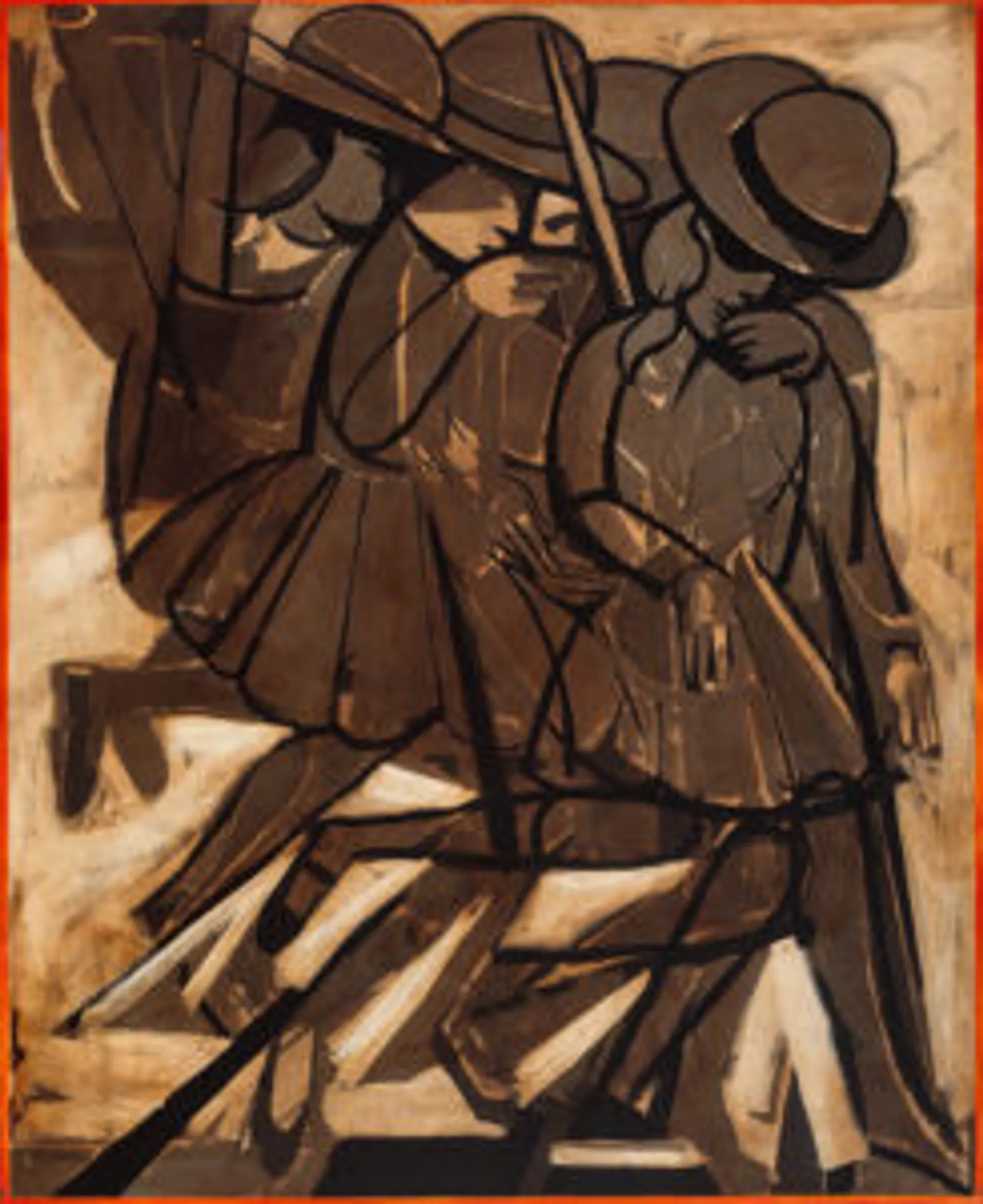Schoolgirls descending a staircase