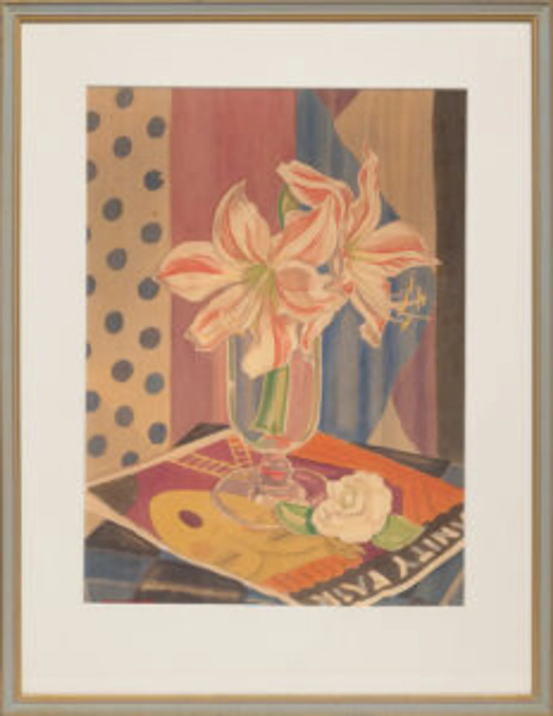Hippeastrum Lilies in a vase, with Vanity Fair Magazine