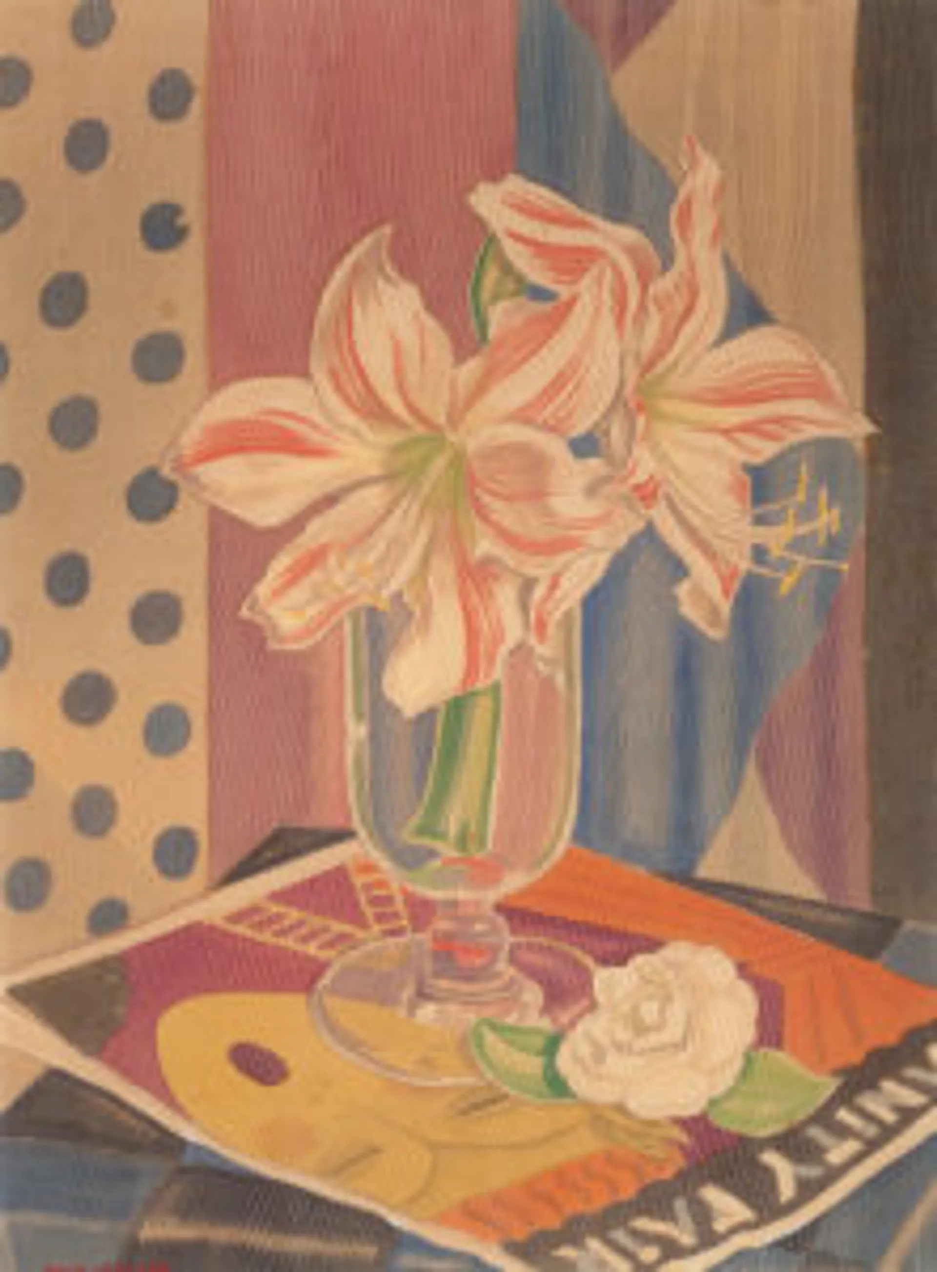 Hippeastrum Lilies in a vase, with Vanity Fair Magazine