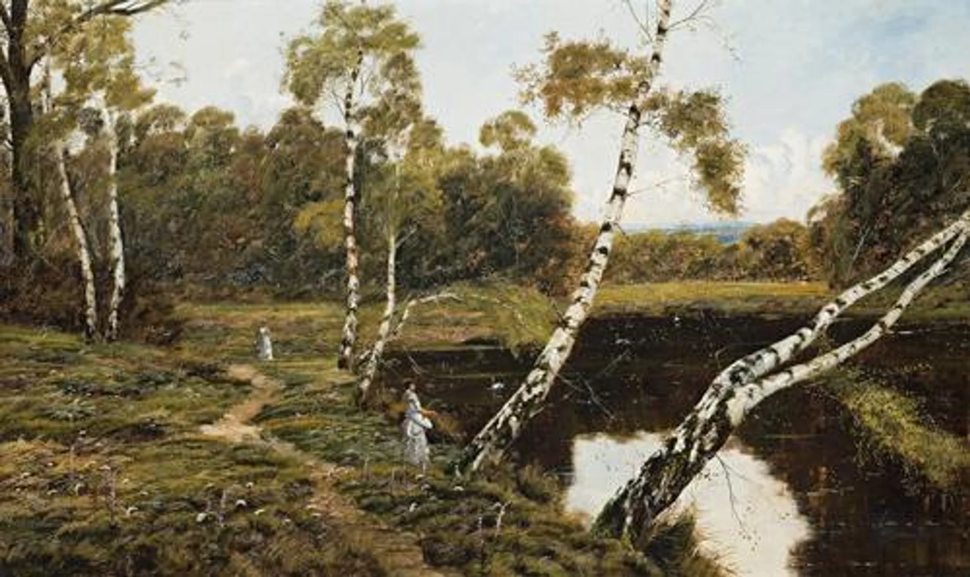 WOMEN IN LAKESIDE LANDSCAPE WITH BIRCH TREES