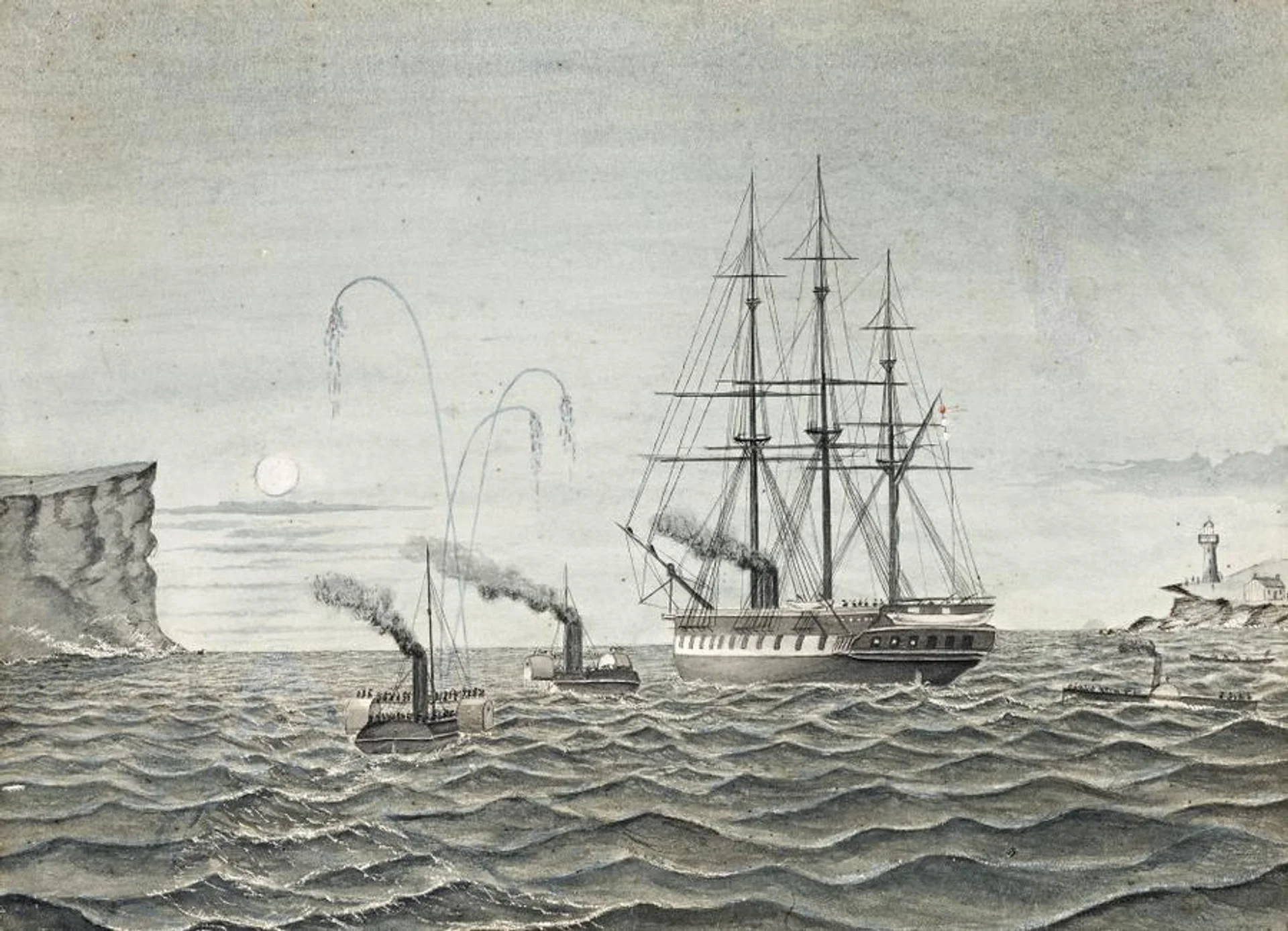 HMS GALATEA PASSING THE SYDNEY HEADS WITH THE PELICAN AND EMU IN ATTENDANCE