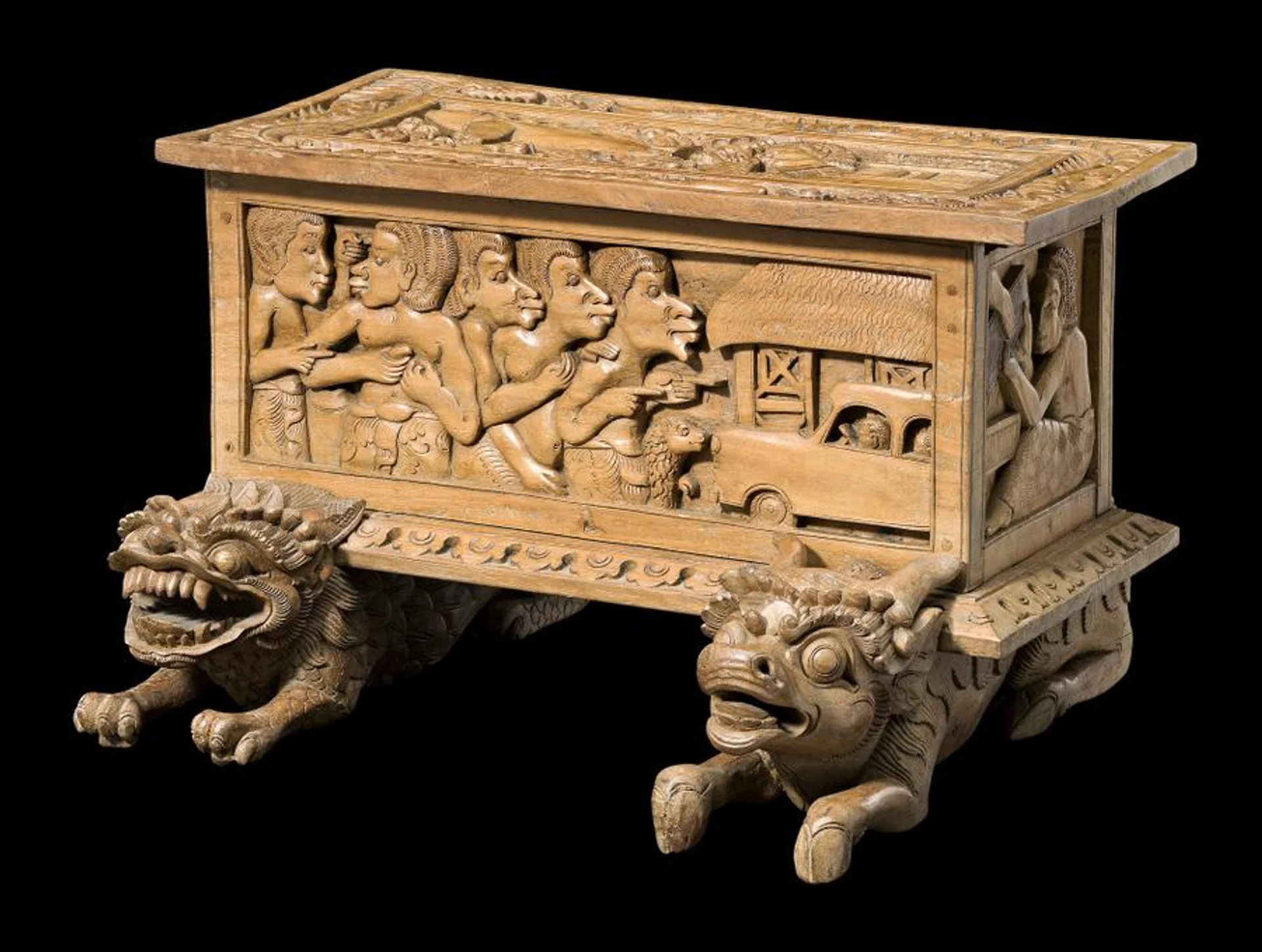 WOODEN BOX DEPICTING SCENES FROM DONALD FRIEND’S LIFE