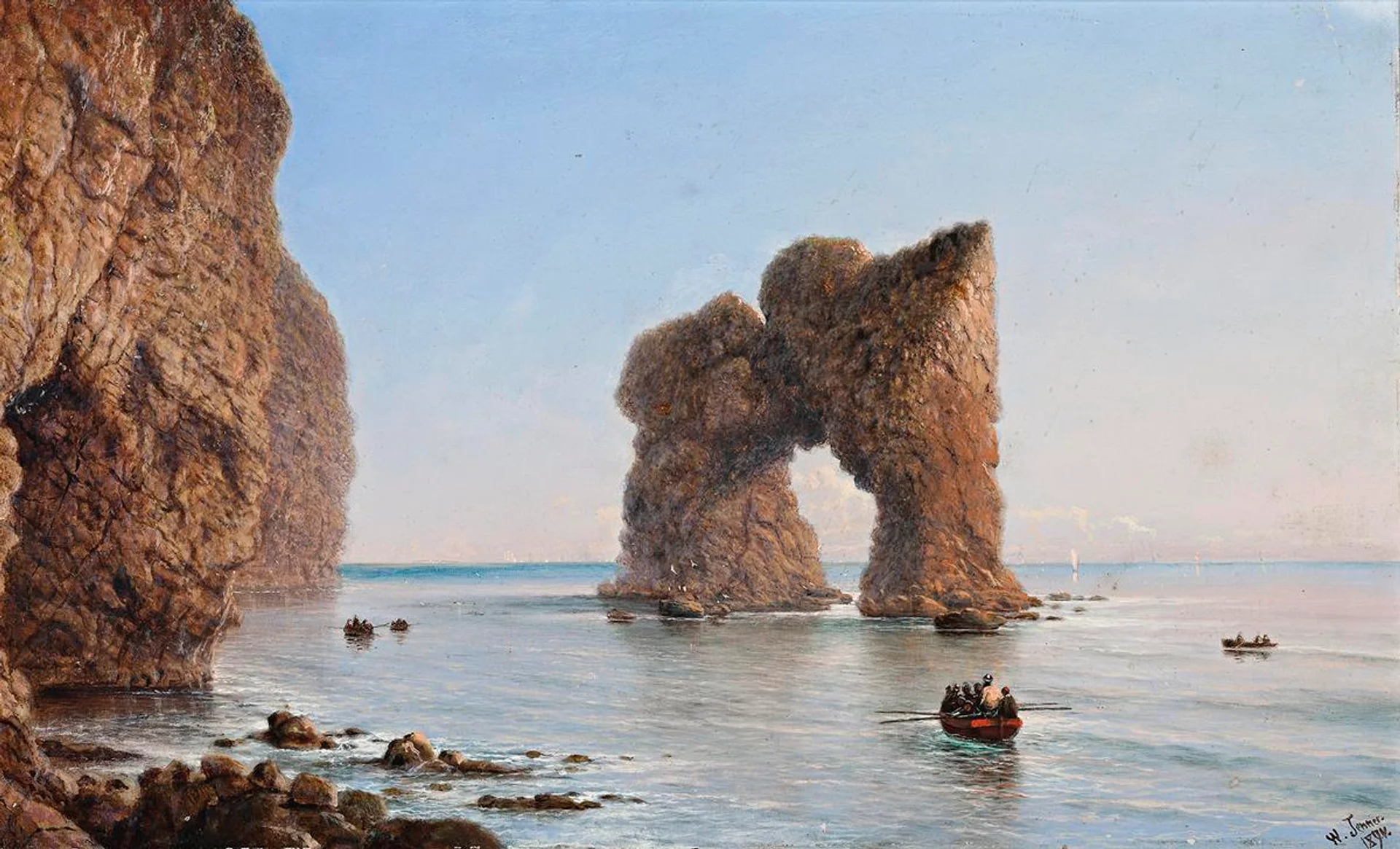 COASTAL SCENE WITH CLIFFS, ROWBOATS AND ARCHED ROCK