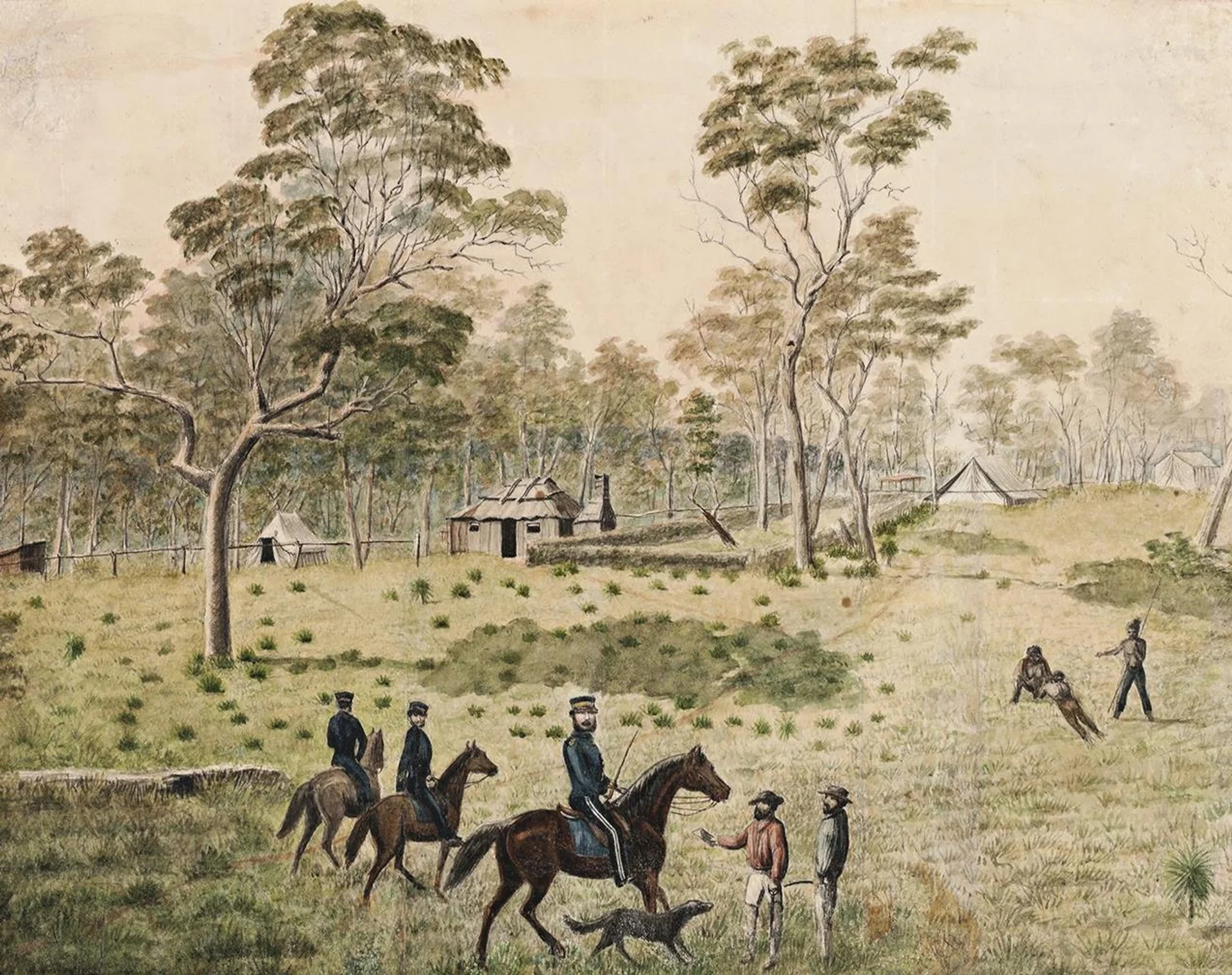 MOUNTED POLICE WITH SETTLERS AND ABORIGINES, TOOLOOM, N.S.W.