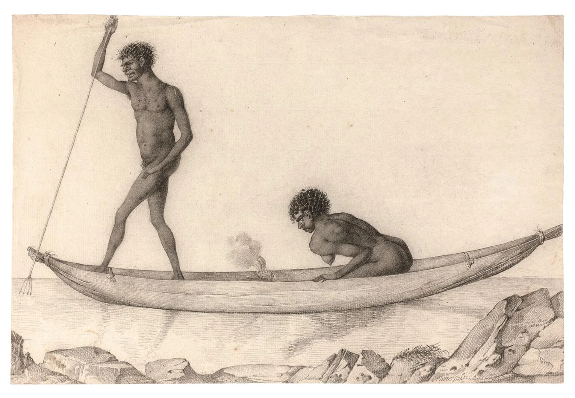 (ABORIGINAL MAN AND WOMAN FISHING WITH SPEAR FROM CANOE, WITH FIRE AT CENTRE)