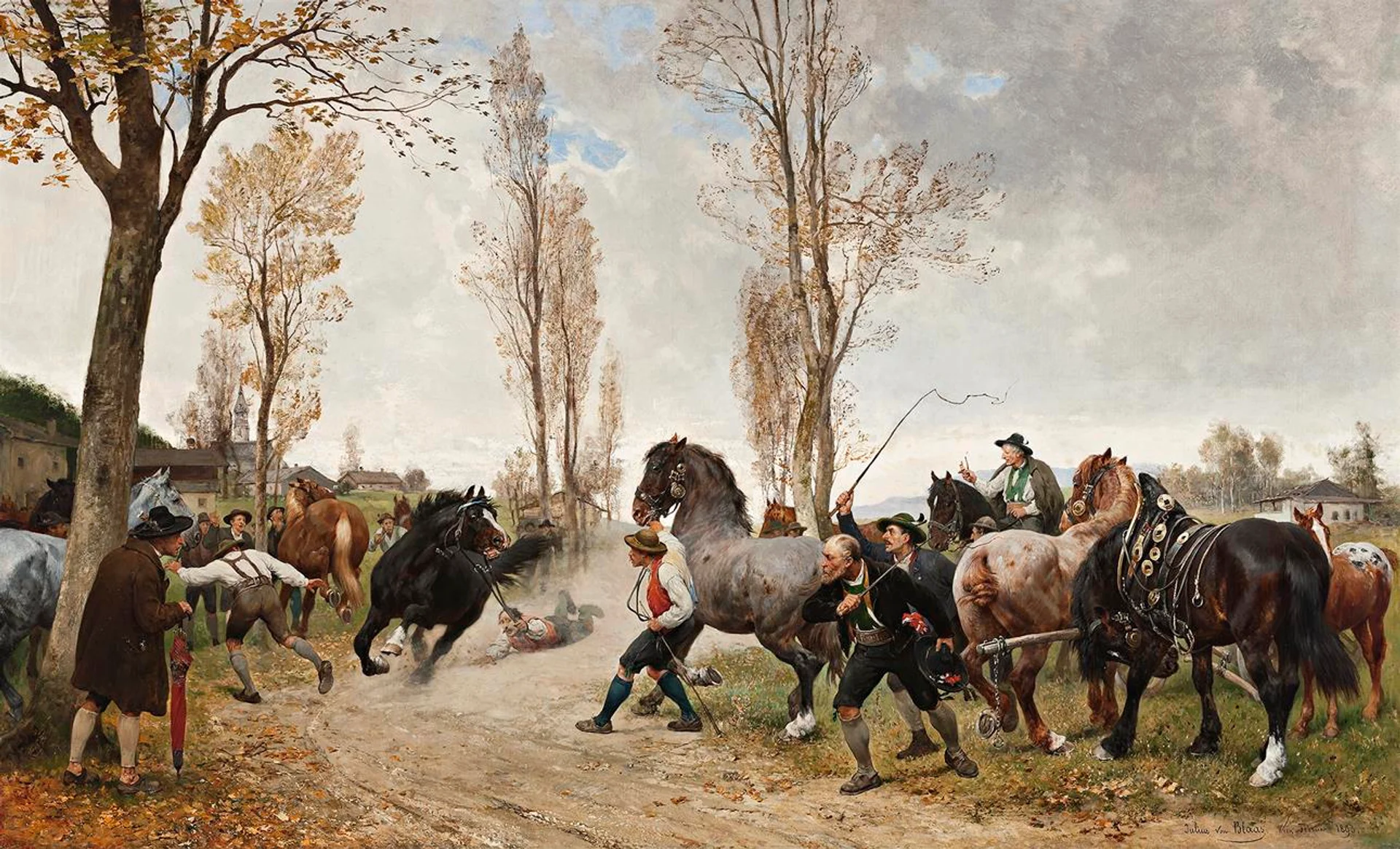 ESCAPING HORSE WITH ONLOOKING VILLAGERS