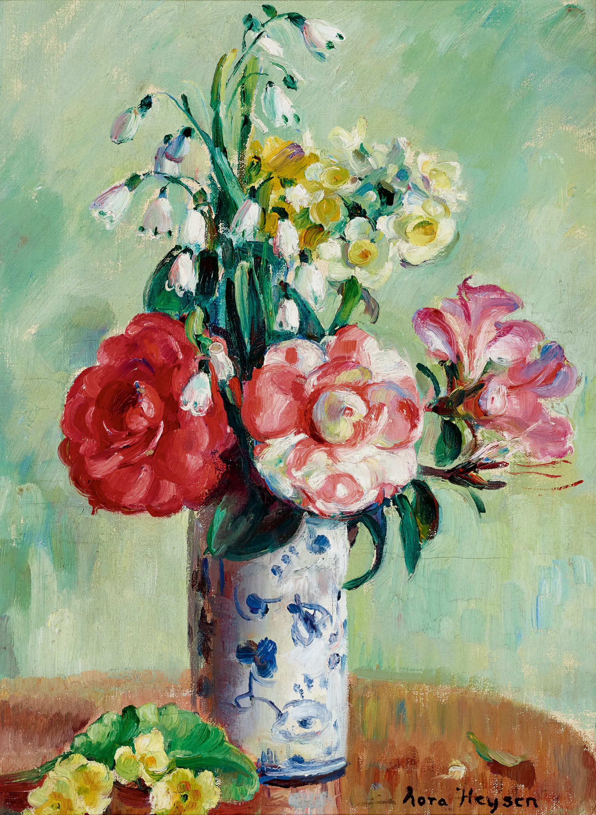 CAMELLIAS AND MIXED FLOWERS IN A DELFT VASE