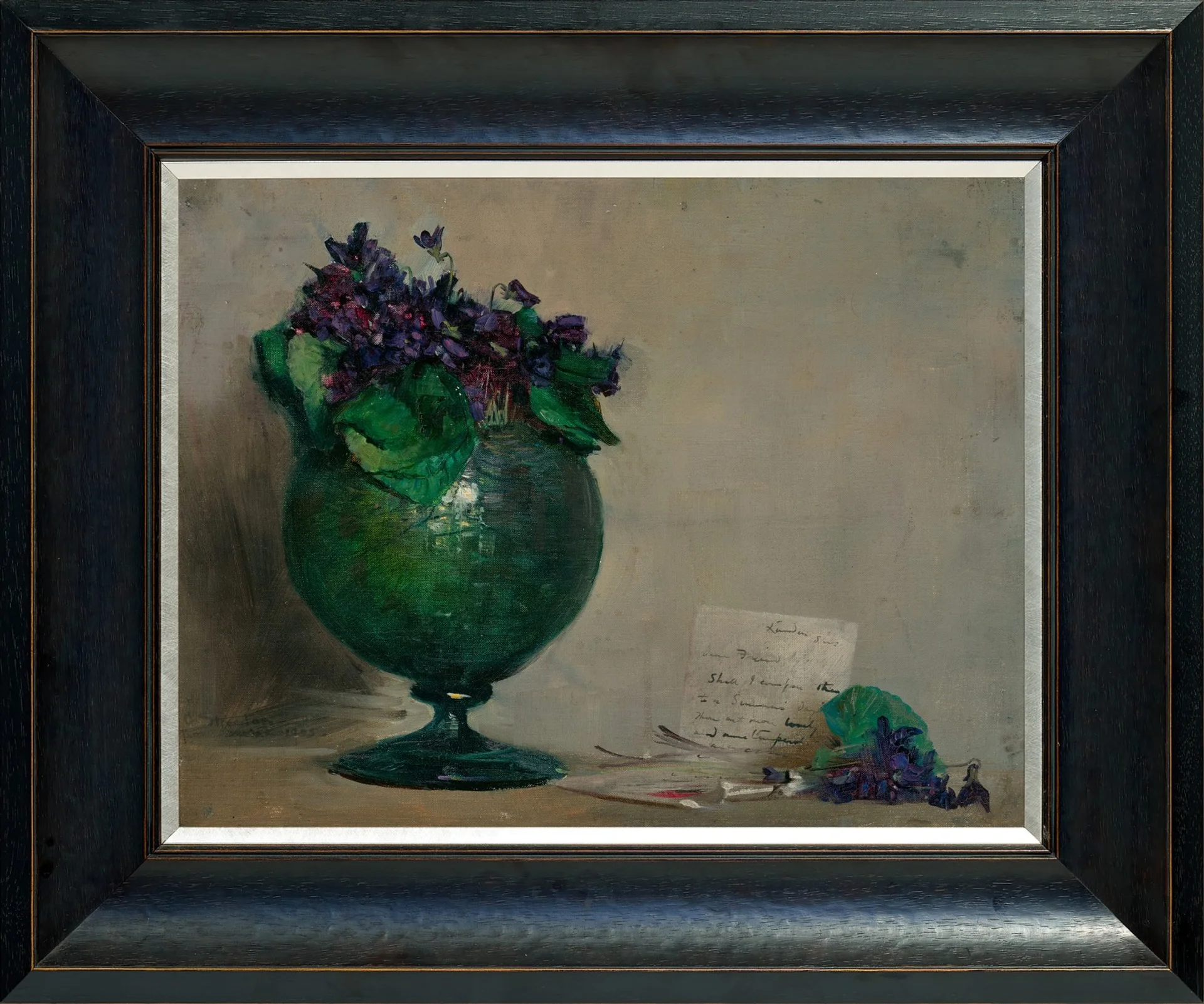 STILL LIFE WITH GREEN VASE AND VIOLETS