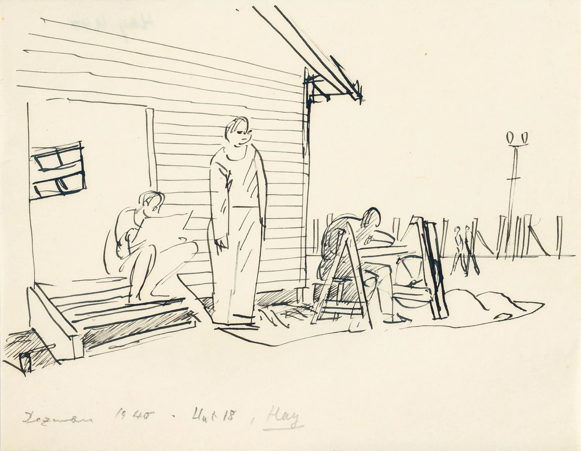FIGURES OUTSIDE HUT 18, HAY