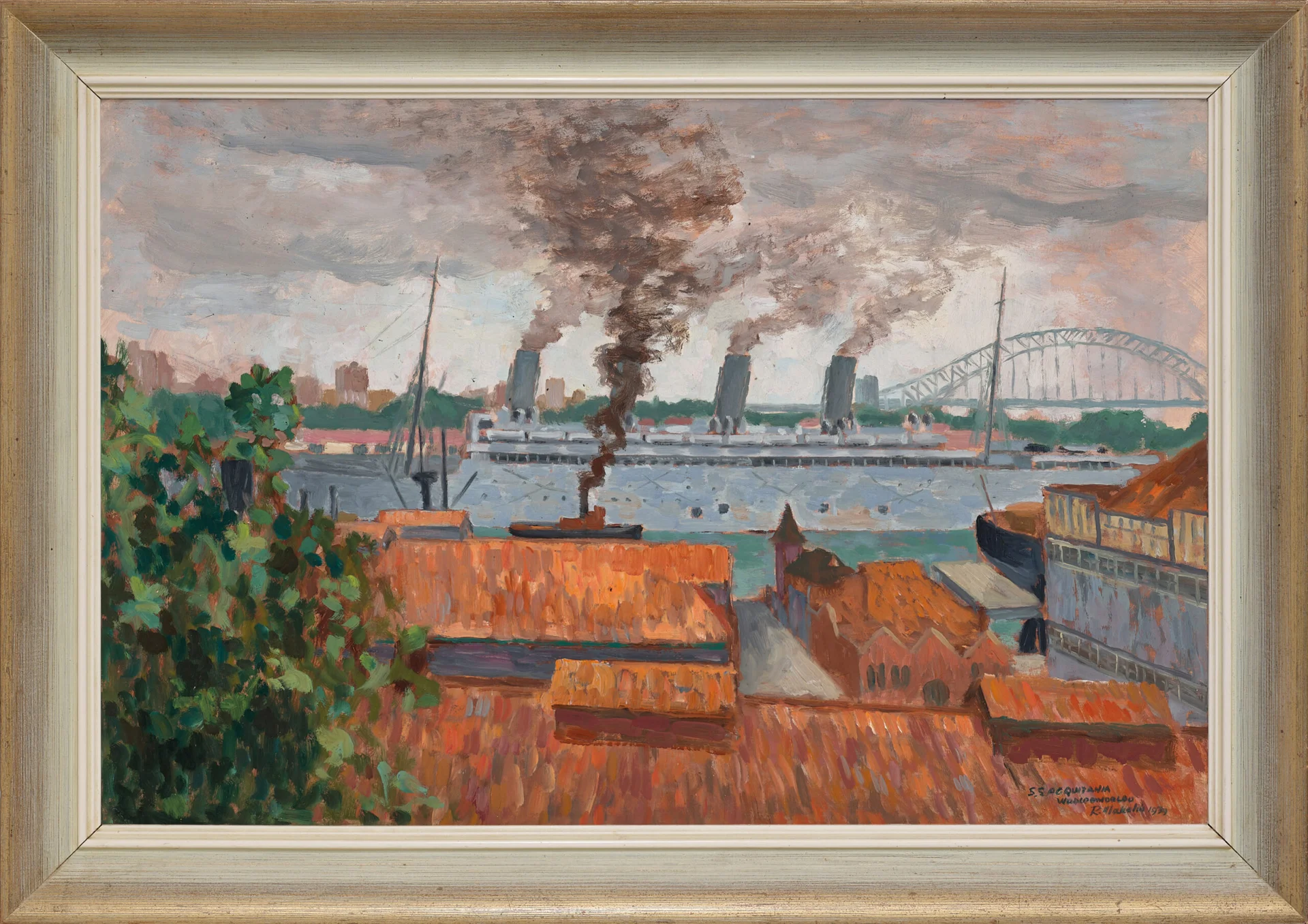 Underway at dawn, SS Aquitania, Woolloomooloo Bay