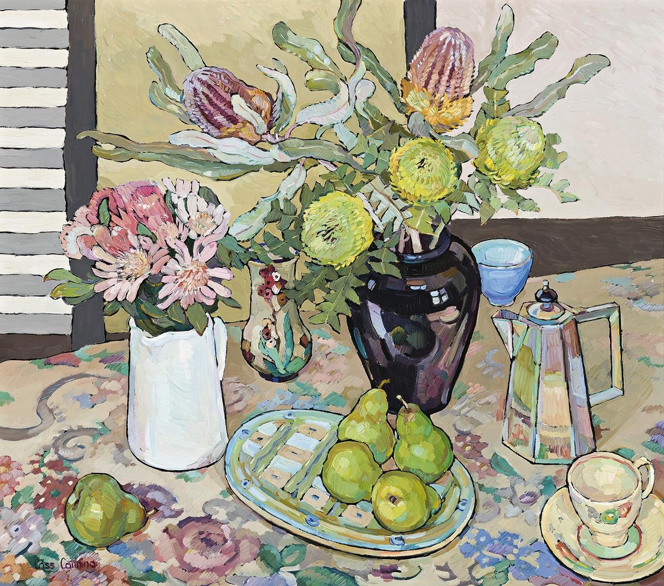 74 · CRISS CANNING, STILL LIFE WITH NATIVE FLOWERS AND PEARS, 1985